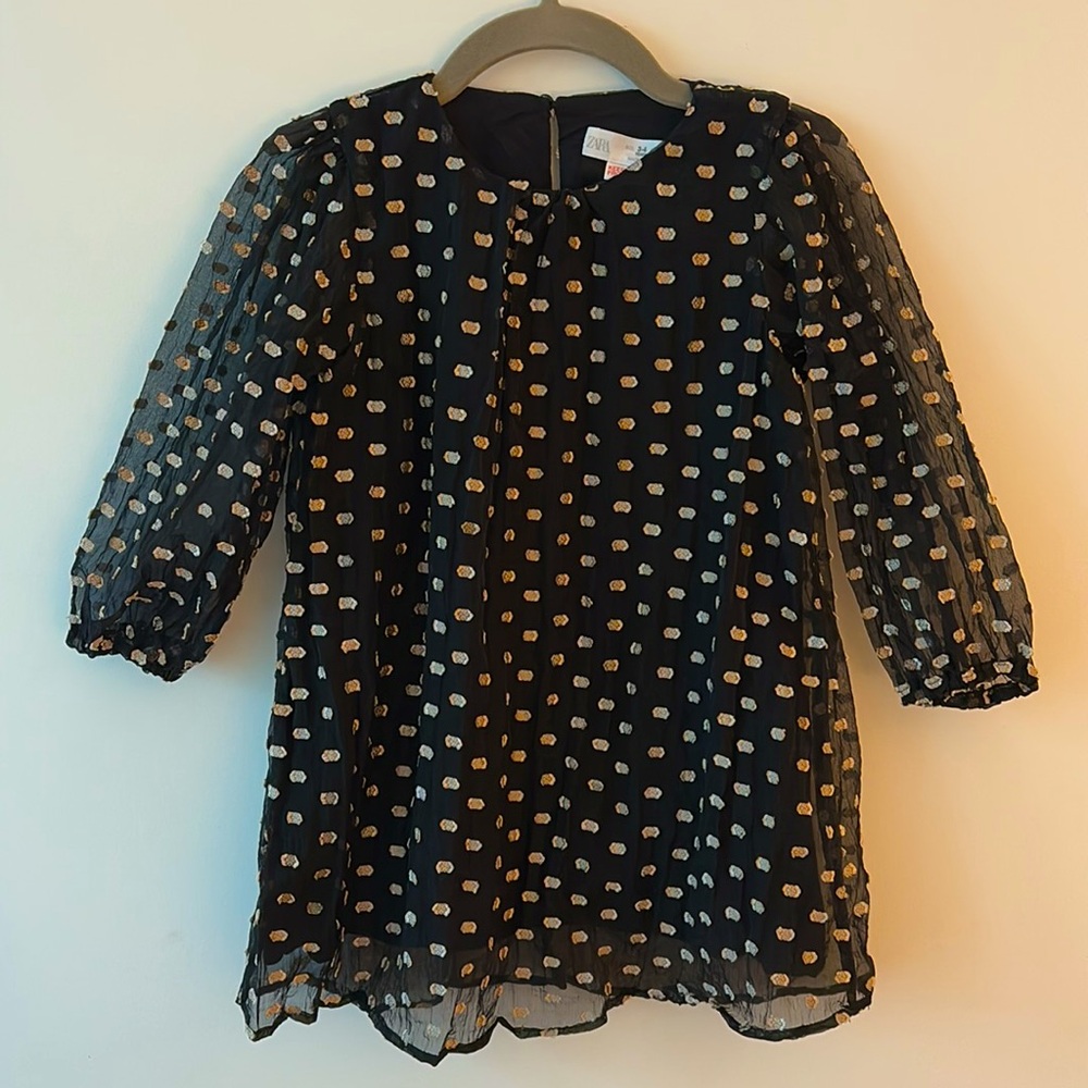 Zara Girls Black with Gold Polka Dot Dress sz 3t-4t